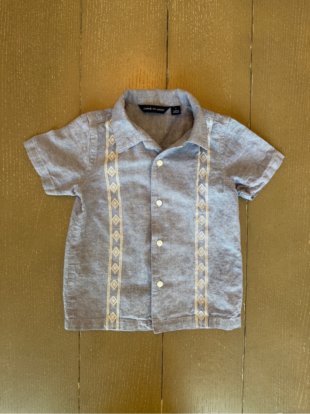 Janie and Jack Boys Rainy Blue Embroidered Cabana Short Sleeve Shirt Size 3